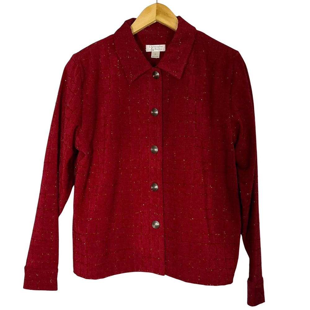 Christopher & Banks Red Metallic Sparkle Grid Button Front Jacket Sm 01628-5206